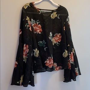Floral sheer black top with bell sleeves